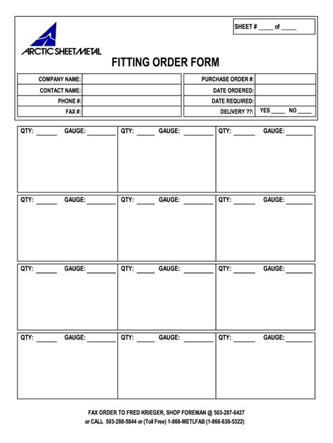 Sheet Metal Fitting Order Form 